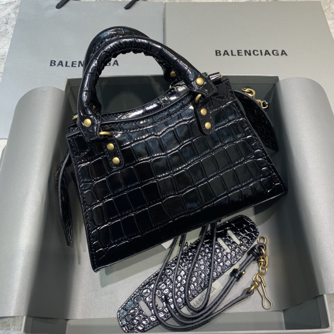 Balenciaga Neo Classic Mini Handbag Crocodile Embossed Shoulder Bag Black/Gold